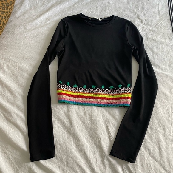 Alice & Olivia-Black Longsleeve Delania Crop Top w/ Neon Multicolor Embroidery - Picture 11 of 12
